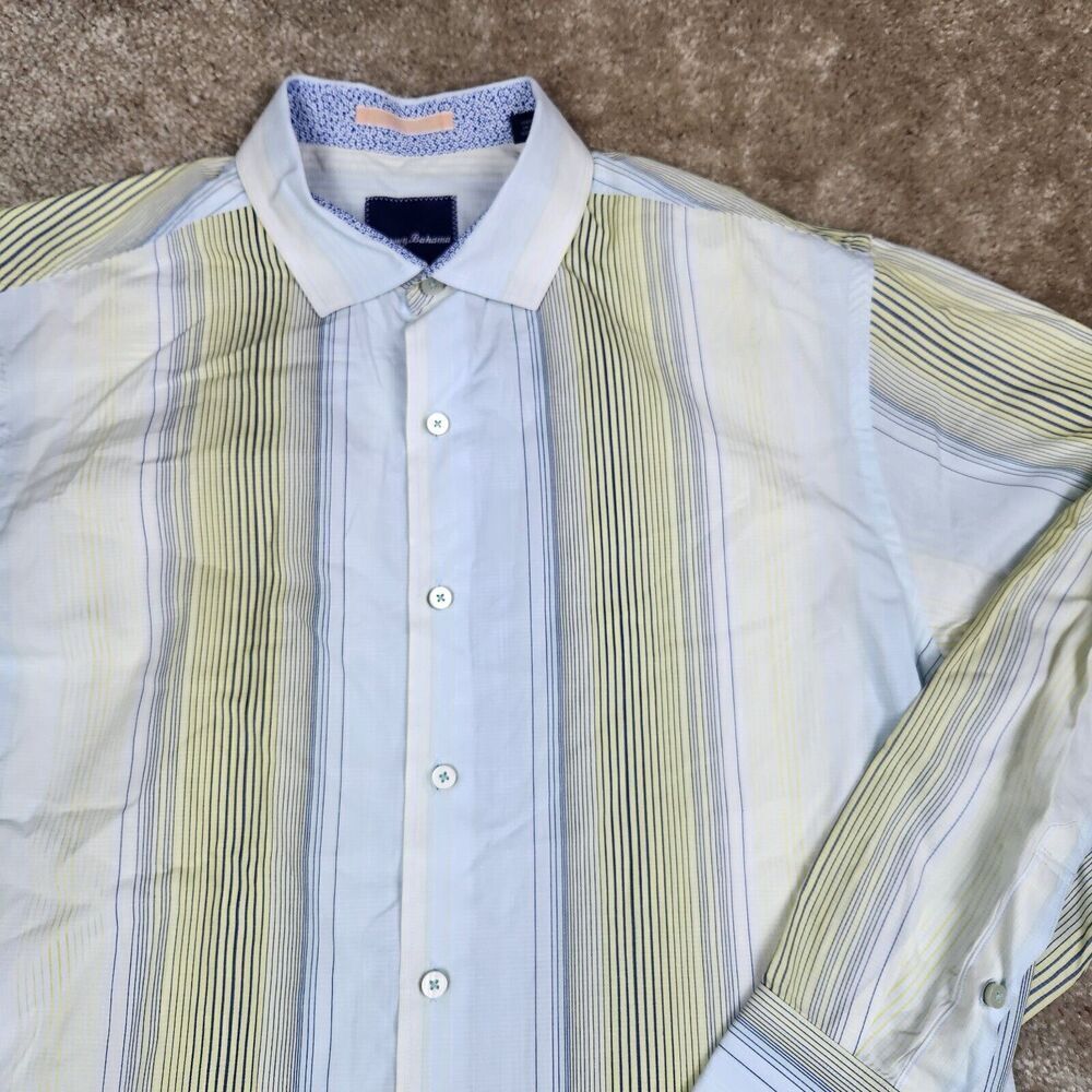 Tommy Bahama Men’s Button Up Shirt Size Large Green Striped Long Sleeve A868